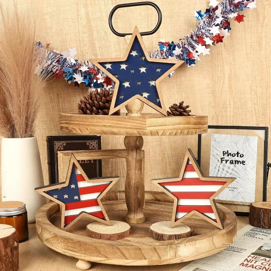 4th of July Wooden Tiered Tray Décor – Set of 3 Patriotic Red, White & Blue Pieces