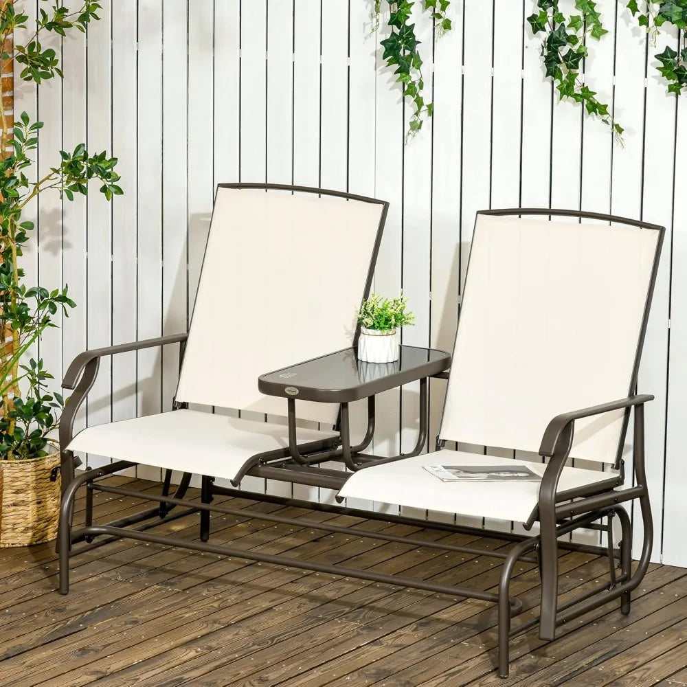 Outdoor Glider Bench with Center Table, Metal Frame Patio Loveseat, Breathable Mesh Fabric, with Armrests
