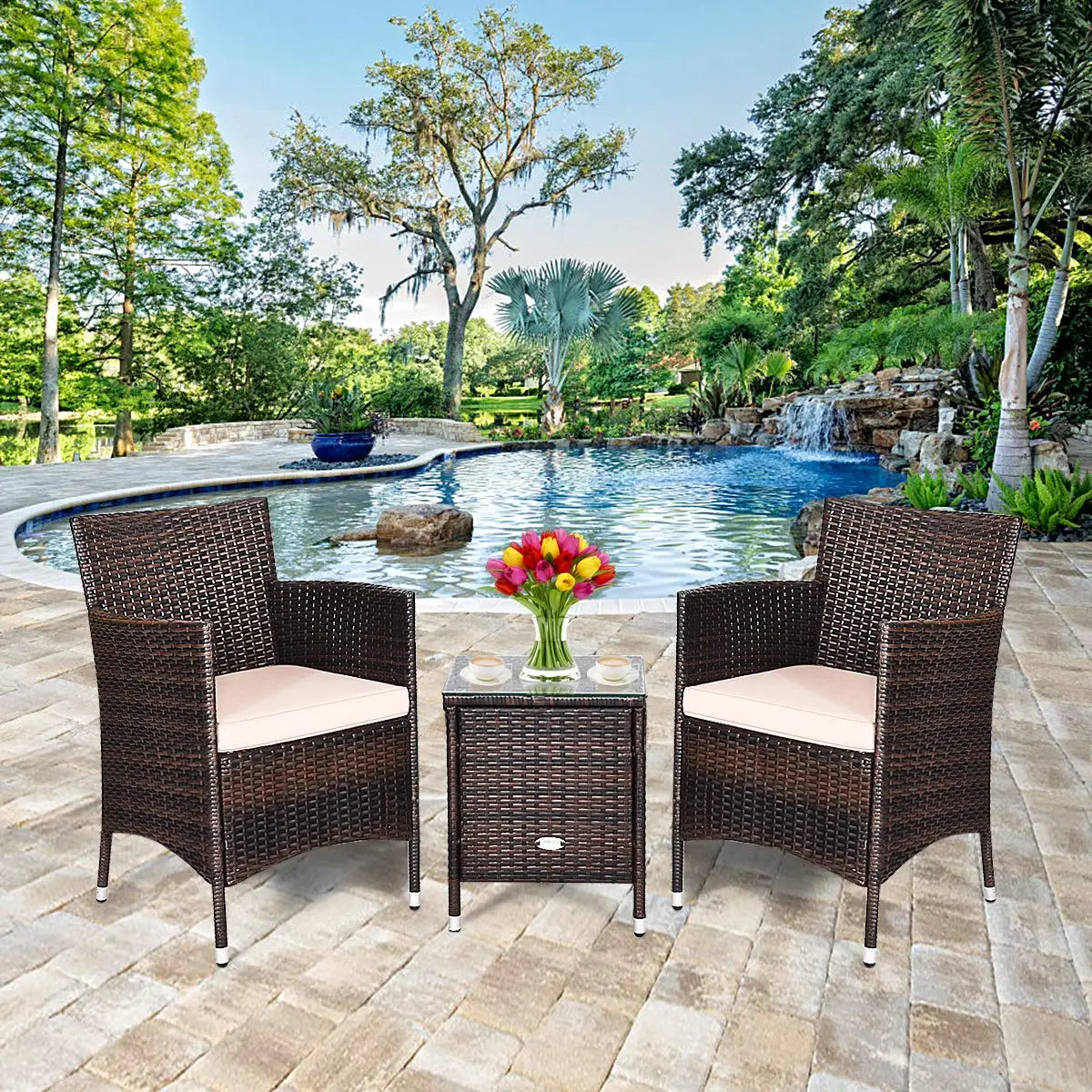 3‑Piece Patio Furniture Set – Wicker Rattan Chairs with Thick Cushions & Glass‑Top Coffee Table