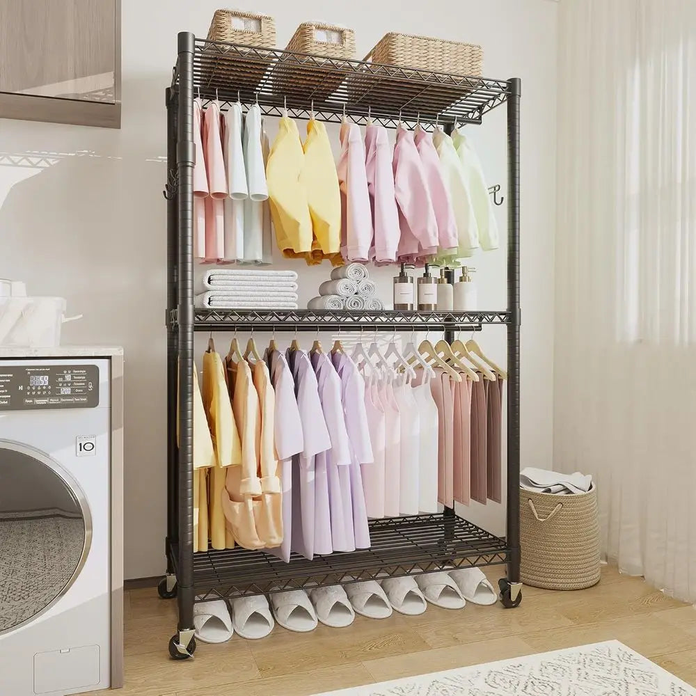 3‑Tier Clothes Rack with Wheels – Adjustable Shelves & Dual Hanging Rods