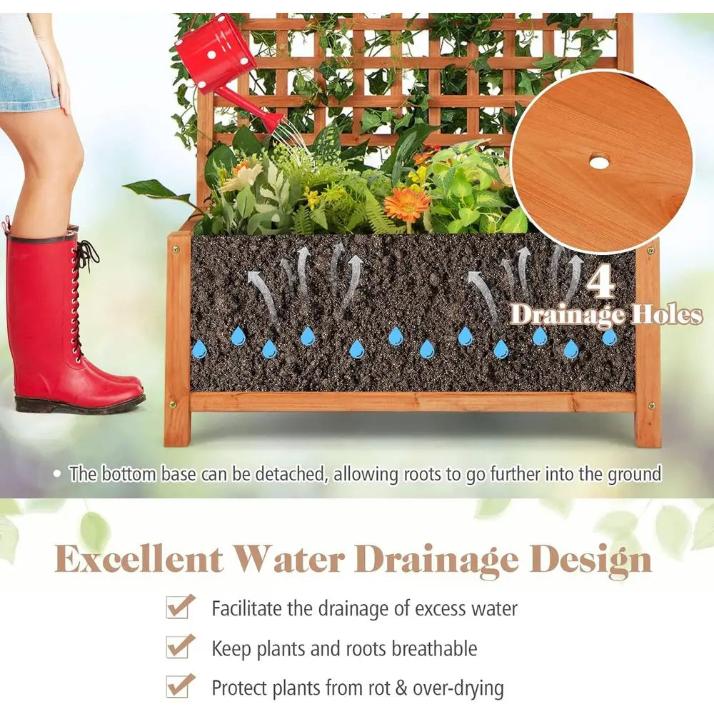 72.5 Tall Wooden Planter Box with Trellis, Hanging Bar, Drainage, and Lattice Panel for Climbing Plants