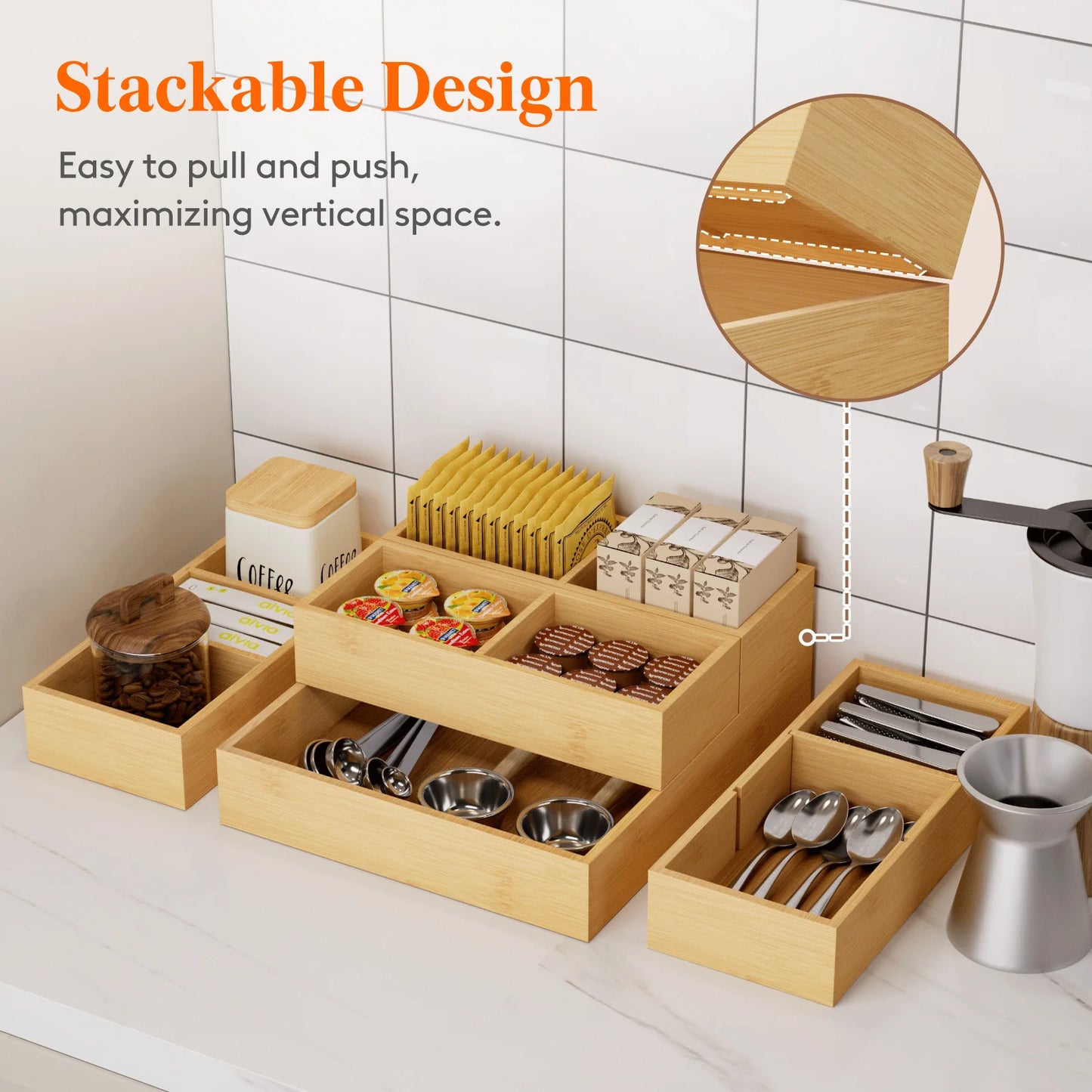 Adjustable Bamboo Wooden Drawer Dividers, Stackable Storage Box