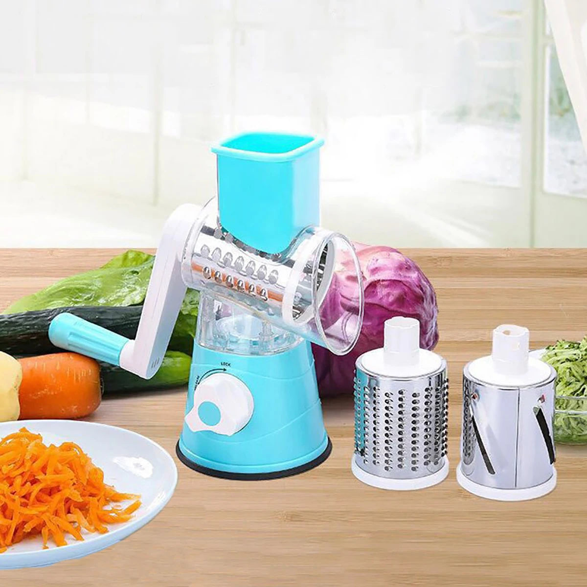 3‑Drum Manual Rotary Grater – Cheese, Peanut & Vegetable Slicer | Multifunctional Kitchen Cutter & Chopper