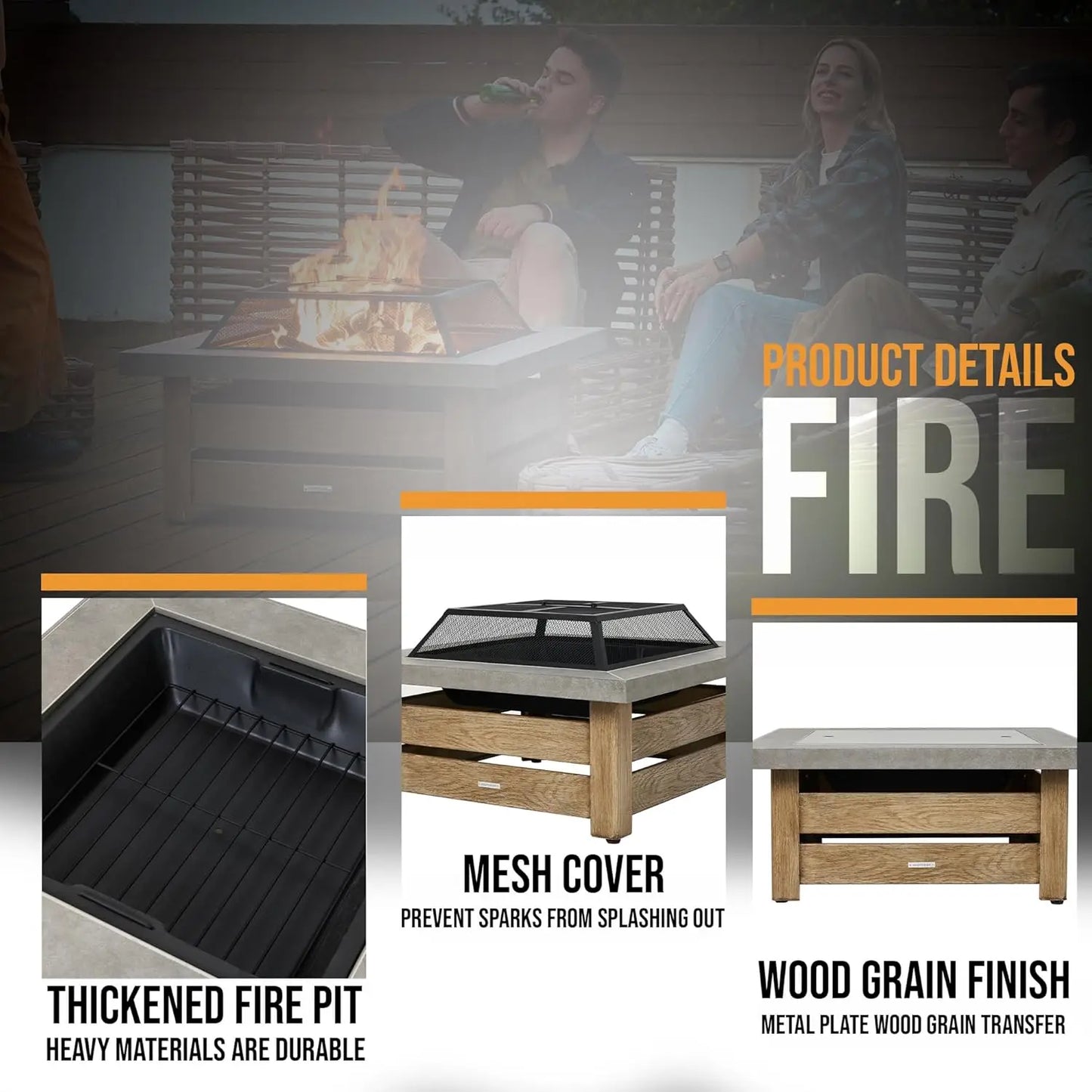 34" Wood Burning Fire Pit with Wood-Grain Side Panels with Mesh Cover