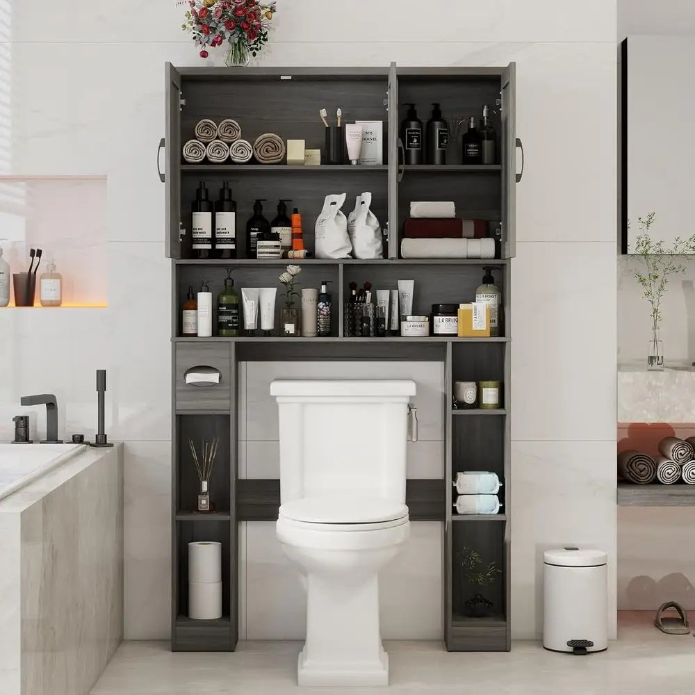 Space-Saving Over Toilet Storage Cabinet with 3 Shelves, Paper Holder & Towel Rack