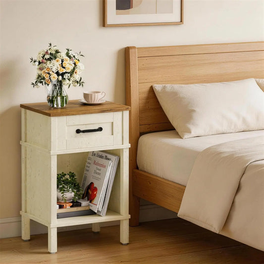 White Bedside Table with Drawer – Small Farmhouse Wooden Nightstand for Bedroom