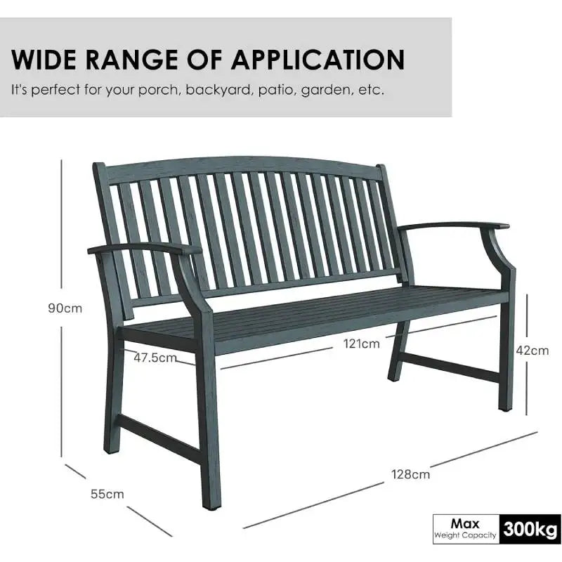 52" Farmhouse Outdoor Bench, Garden Bench with Faux Wood Grain Finish Frame and Aluminum Backrest, for Front Porch