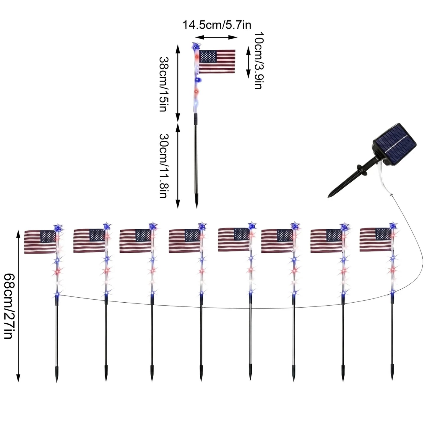 Solar Powered American Flag LED Pathway Lights - Waterproof