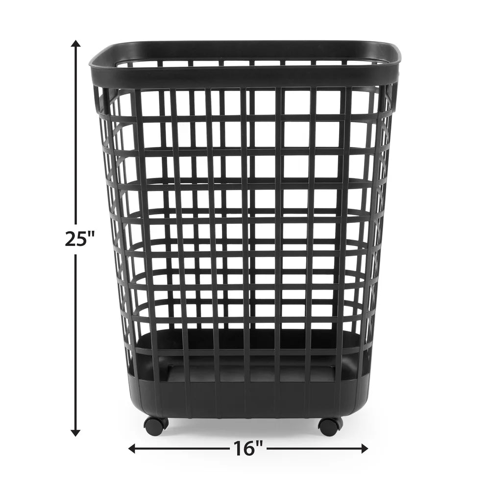 Rolling Laundry Hamper - Black Plastic Storage Bin Open Top Portable with Casters Easy Clean Durable for Home or Dorm Room