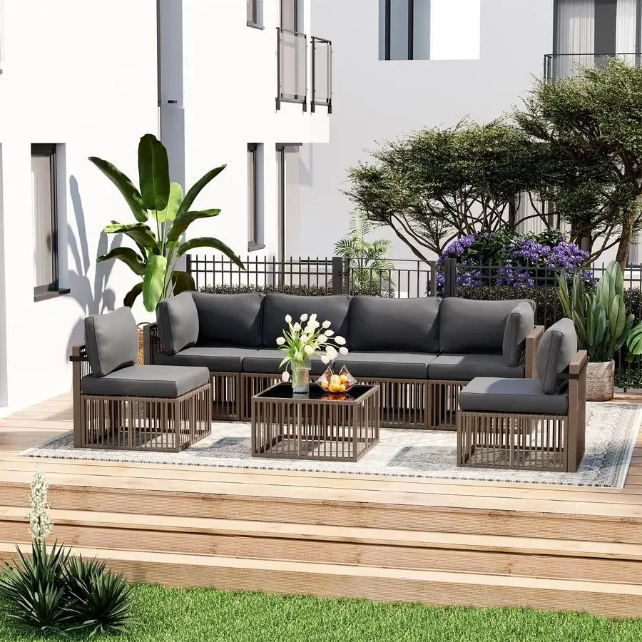 7 Piece Outdoor Sectional Sofa Set, AllWeather with Washable Cushions, Waterproof Brown Rattan Wicker