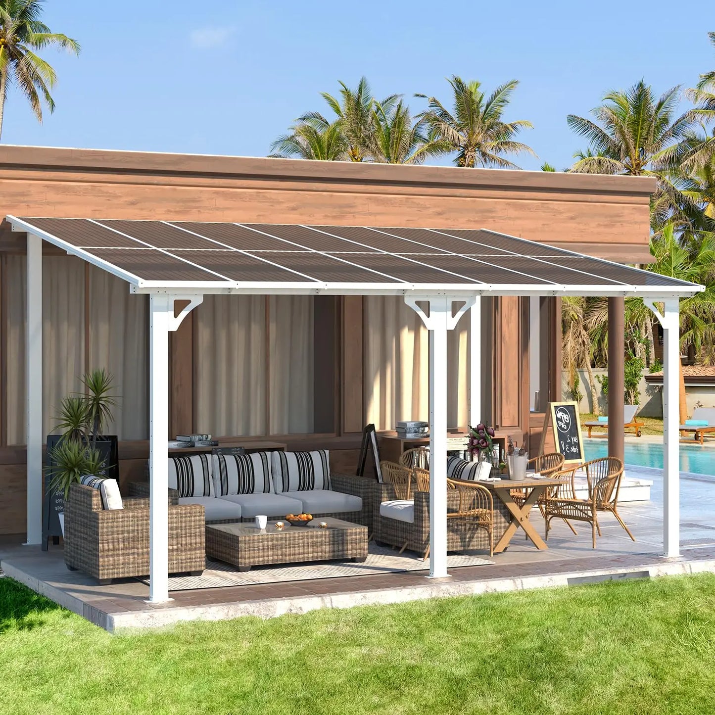 14' × 10' Hard‑Top Lean‑To Gazebo – Wall‑Mounted Pergola with Metal Roof, 140 Sq. Ft. Shaded Patio Coverage