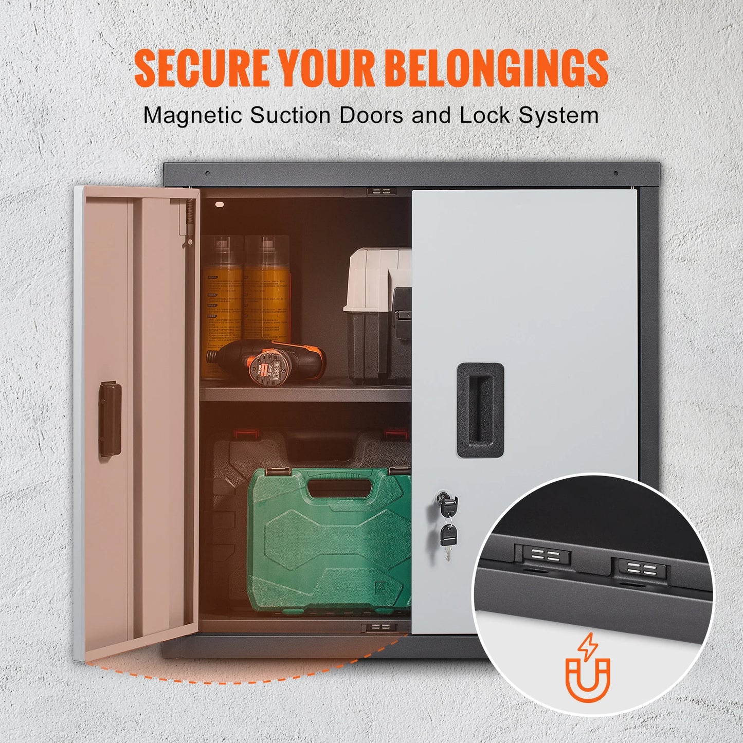 Metal Garage Cabinet with Mounted Tool Chest, Adjustable Shelf and Magnetic Door