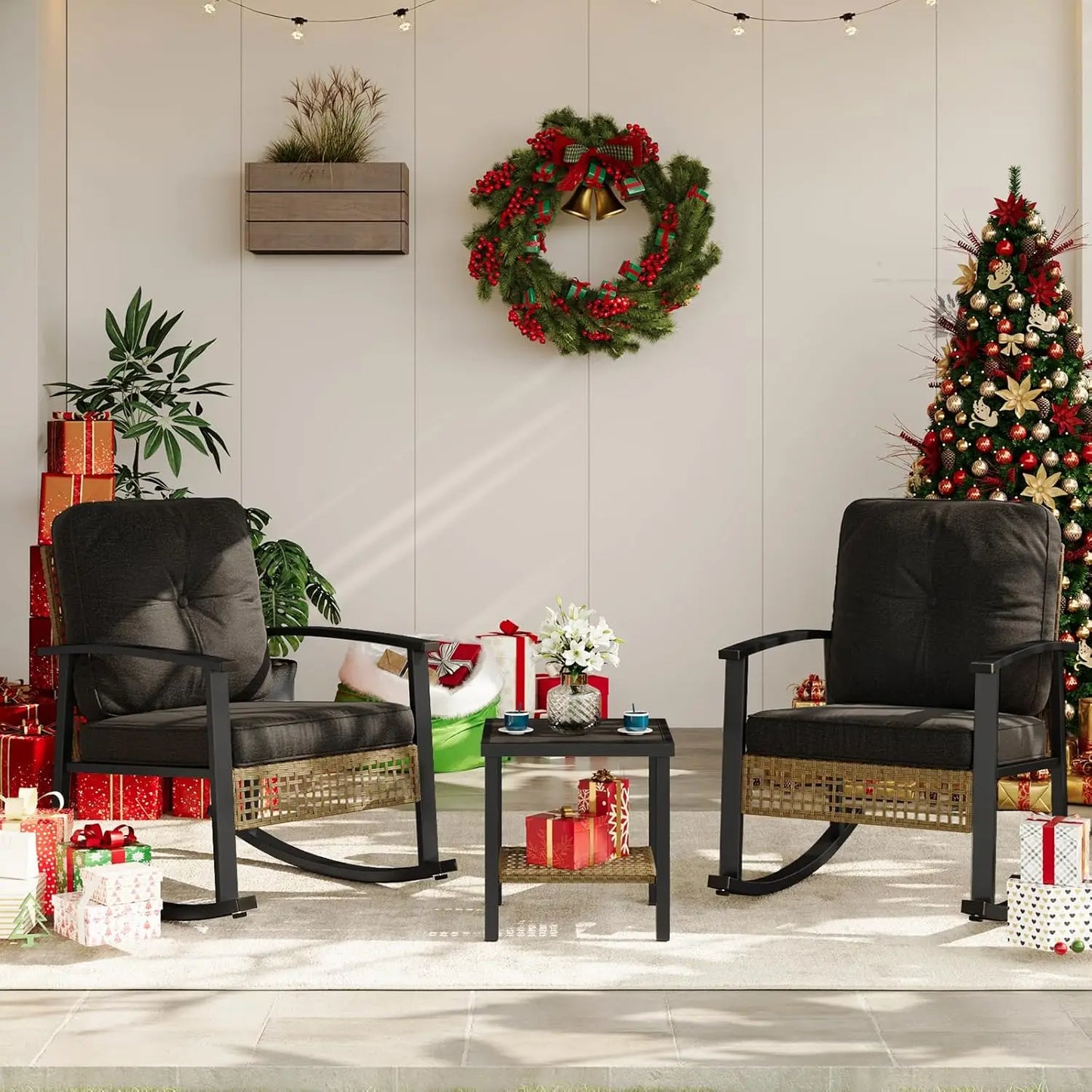 3-Piece Rattan Rocking Bistro Set: 2 Cushioned Wicker Chairs & Coffee Table