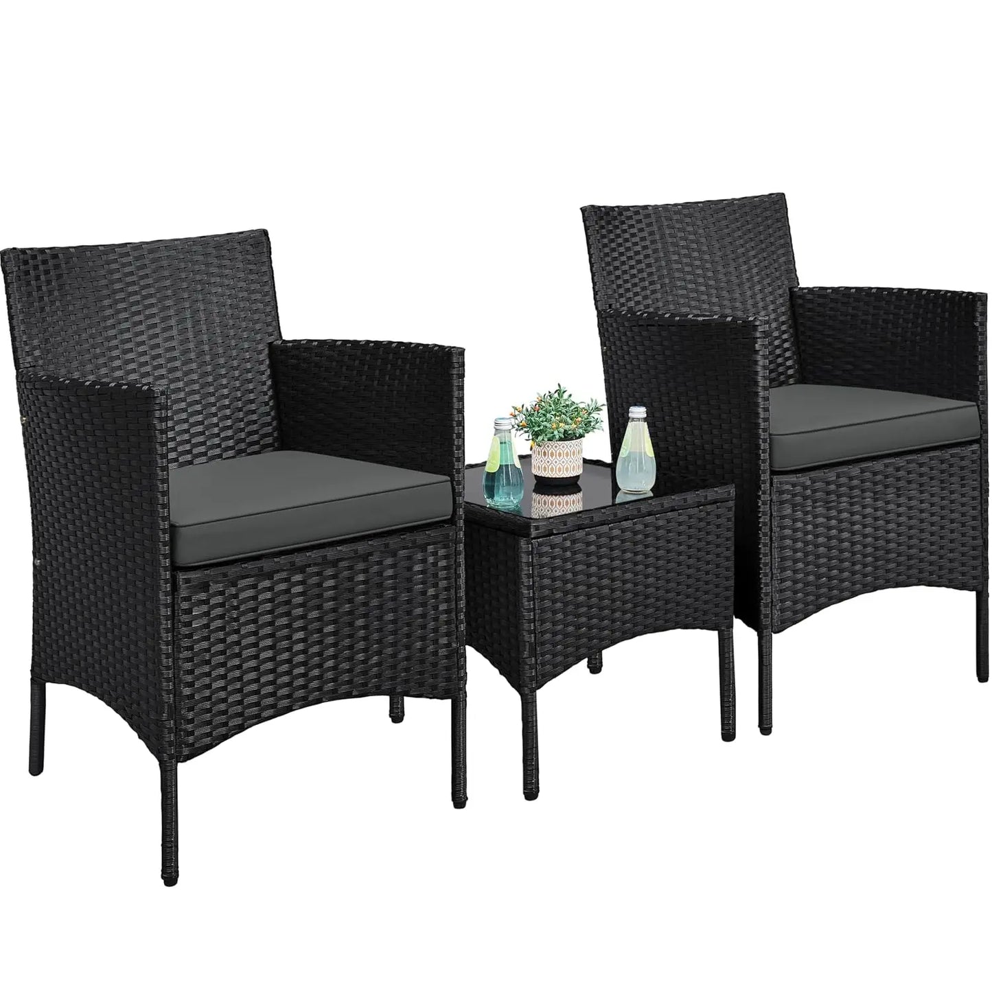 3-Piece Outdoor Patio Set: Rattan Chairs, Cushions, & Glass Top Table