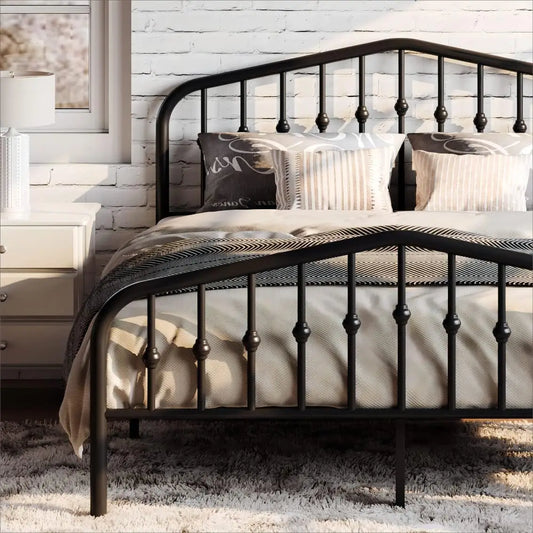 Queen Size Metal Bed Frame with Victorian Iron Headboard, Black