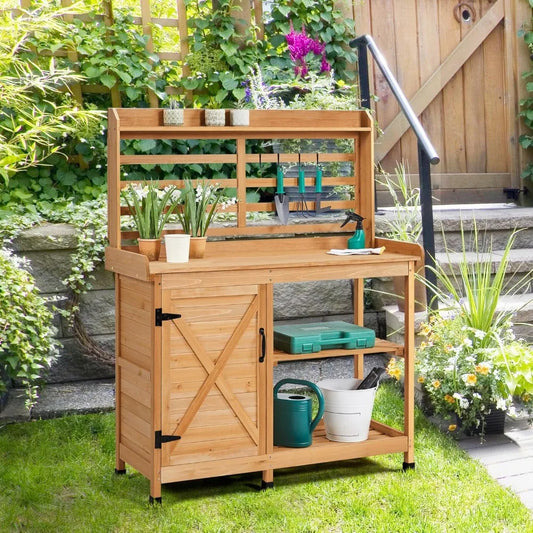 Outdoor Potting Bench with Storage Cabinet Shelf
