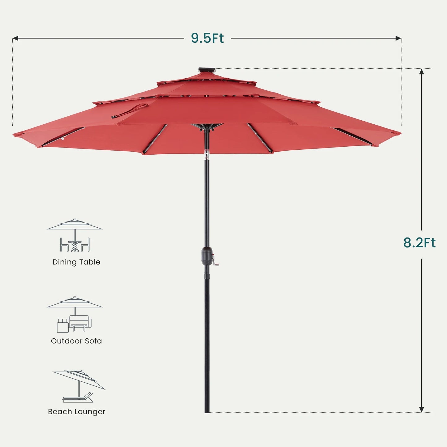 10FT 3‑Tier Patio Umbrella – Solar 32 LED Lights, Tilt Function & 8 Sturdy Ribs for Backyard & Garden