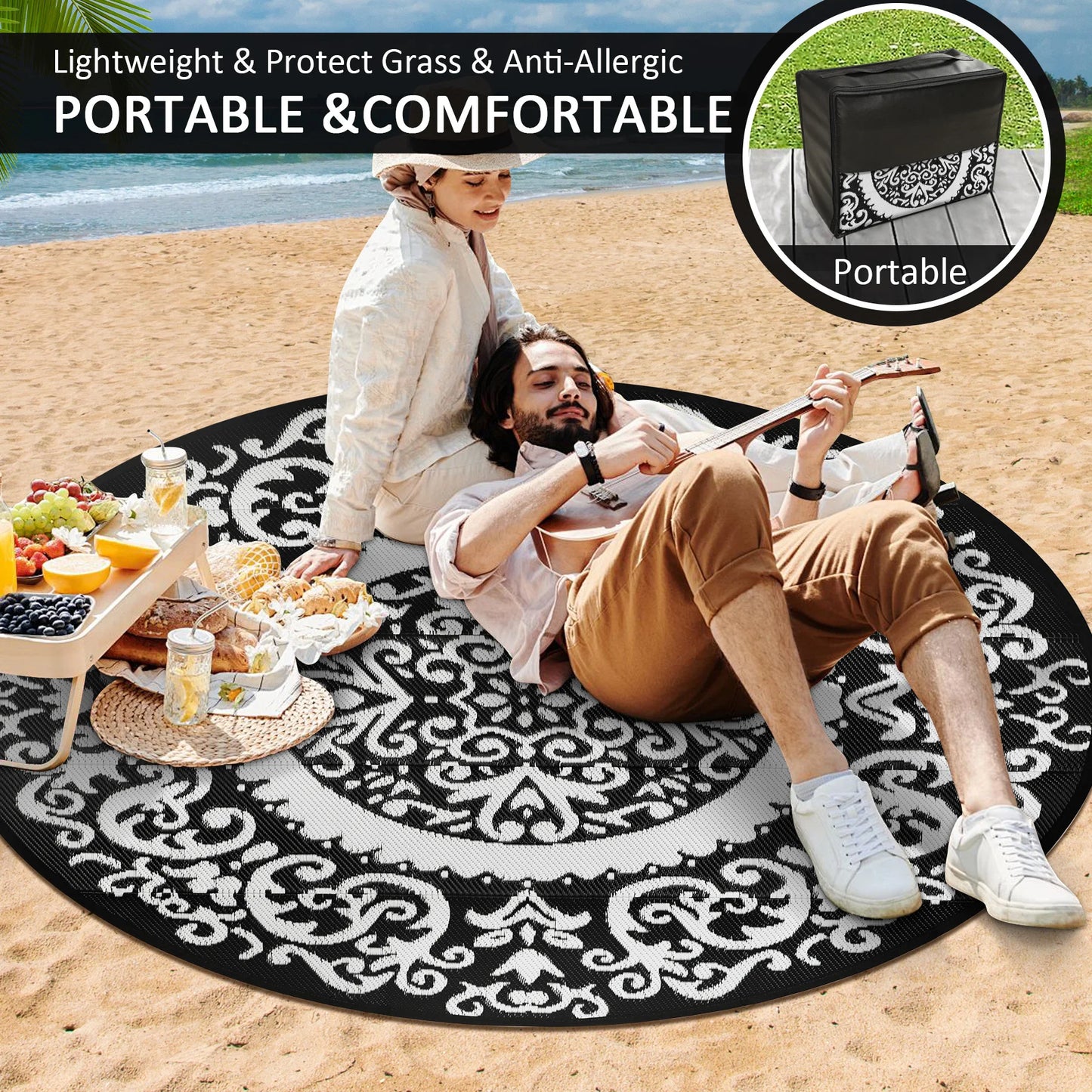 8ft Round Outdoor Patio Rug, Reversible,Lightweight