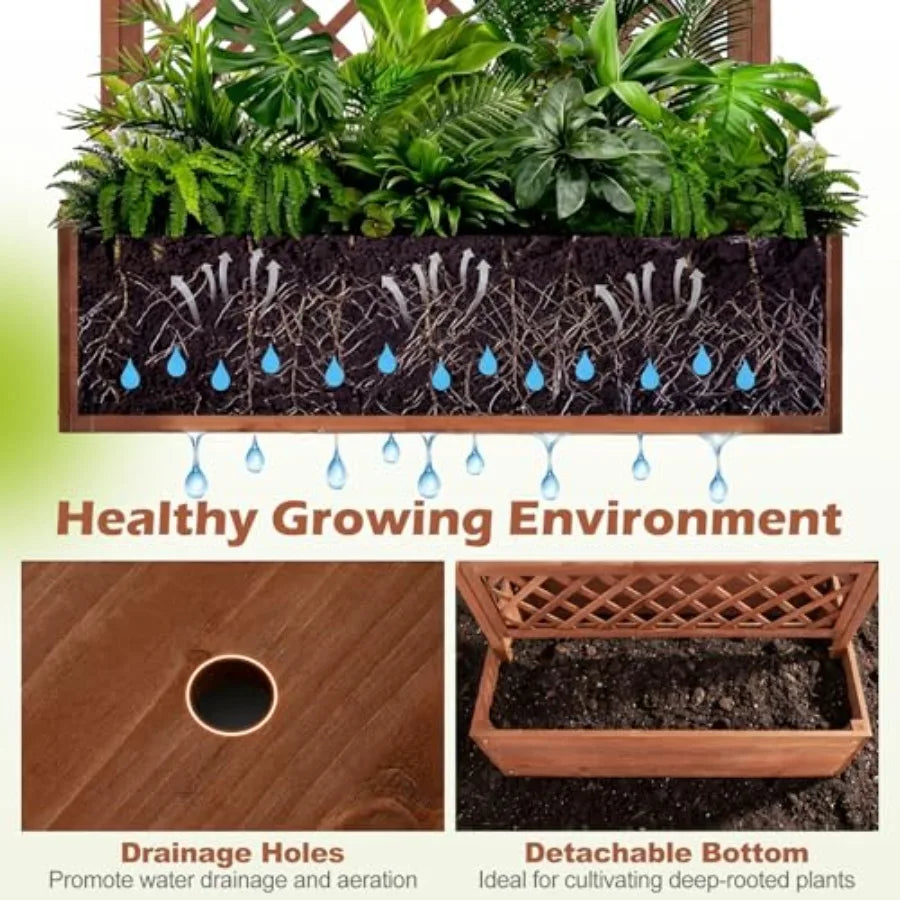 Raised Garden Bed with Trellis 72'' Wooden Planter w/Privacy Screen and Roof  w/Drainage