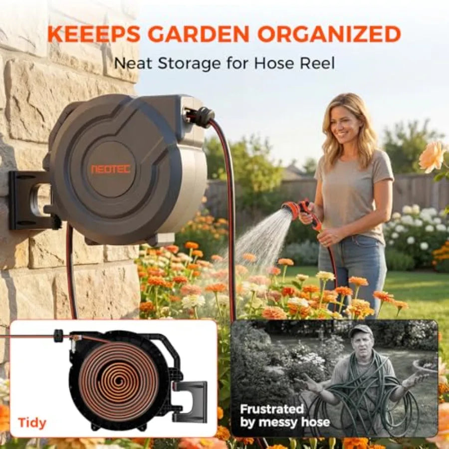 Heavy Duty Wall-Mounted Retractable Garden Hose Reel 90 Feet x 5/8 inch with 180 Swivel UV Resistant Automatic Slow Return