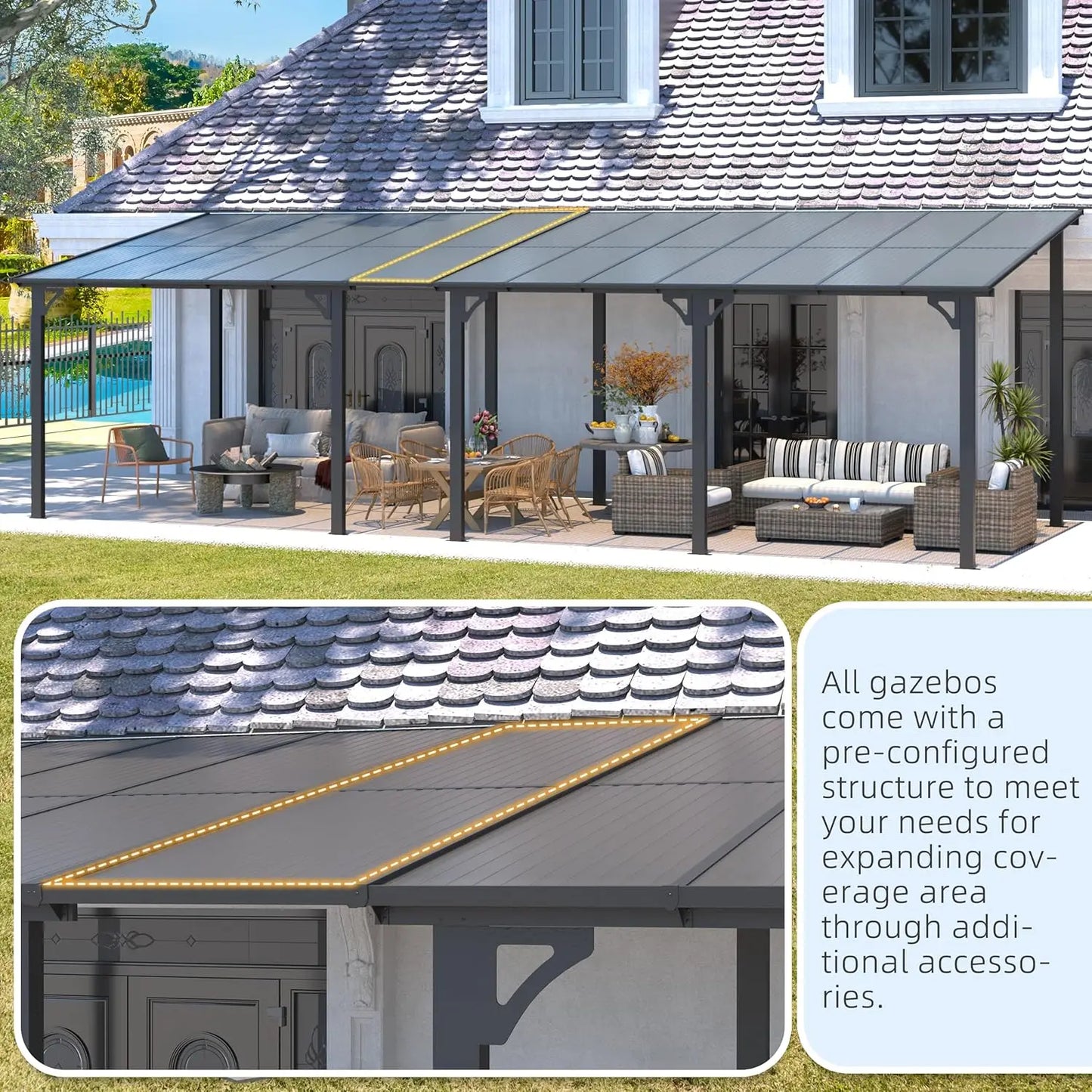 14' × 10' Hard‑Top Lean‑To Gazebo – Wall‑Mounted Pergola with Metal Roof, 140 Sq. Ft. Shaded Patio Coverage