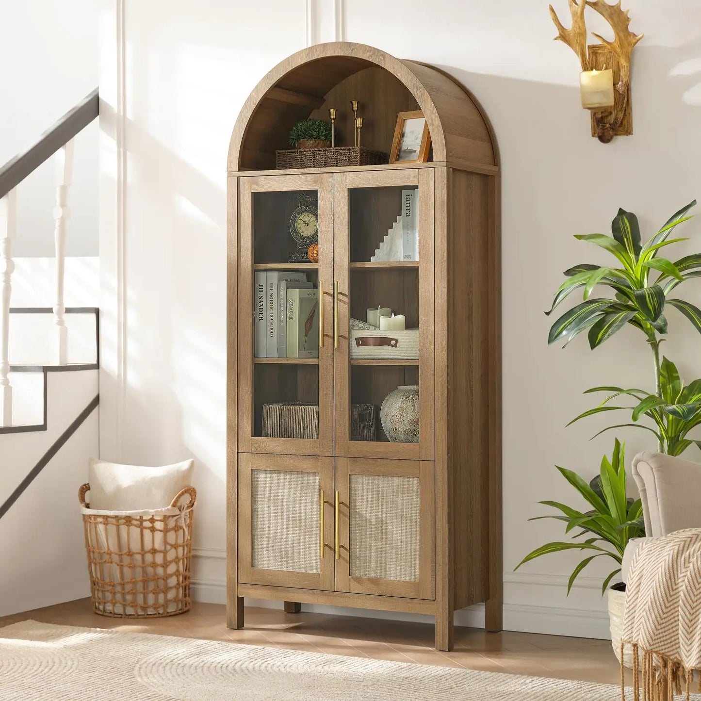 71" Arched Display Cabinet with Glass Doors | 5-Tier Modern Bookcase