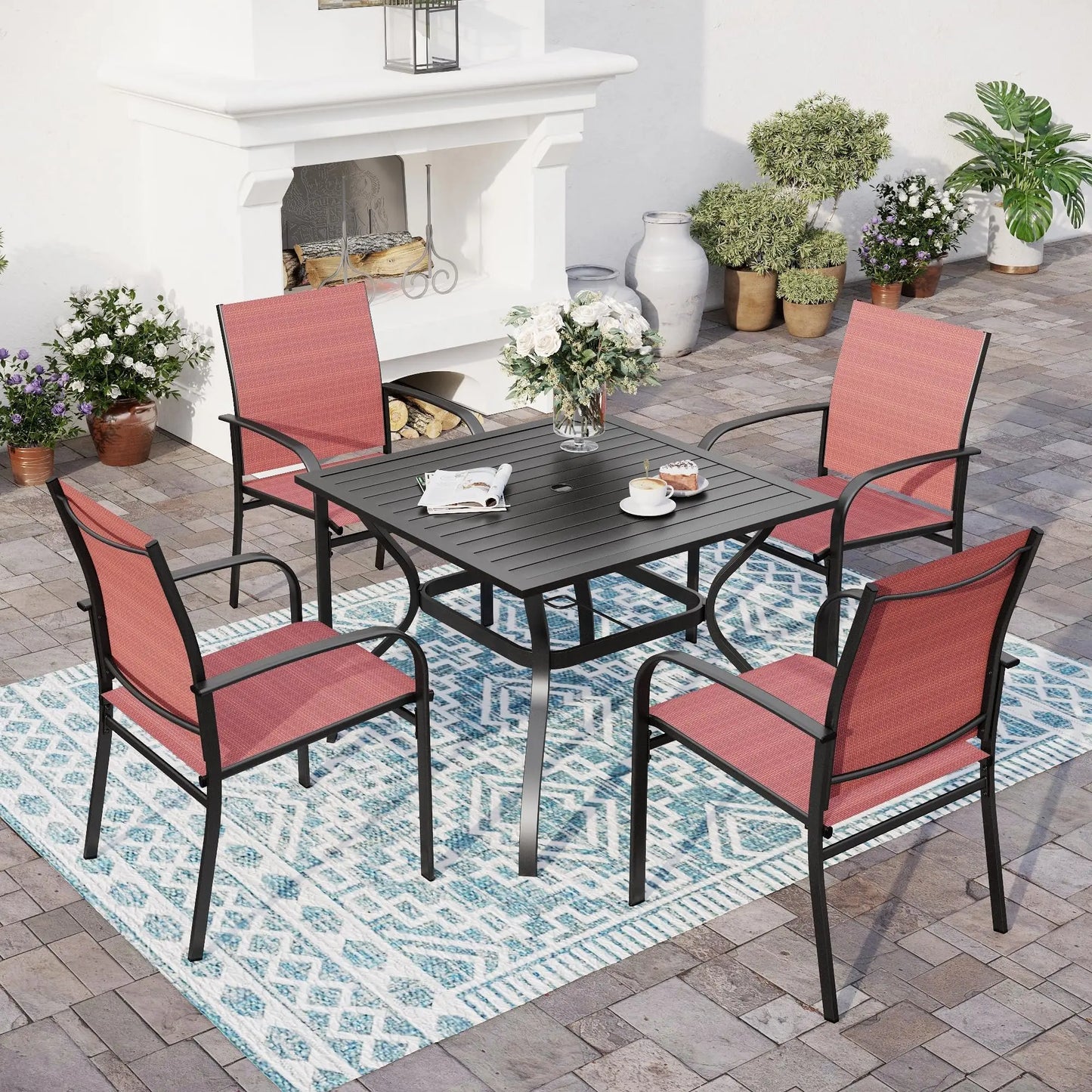 Outdoor Patio Dining Set (5/9/10‑Piece) – Square Table with Umbrella Hole & Metal Brown Chairs