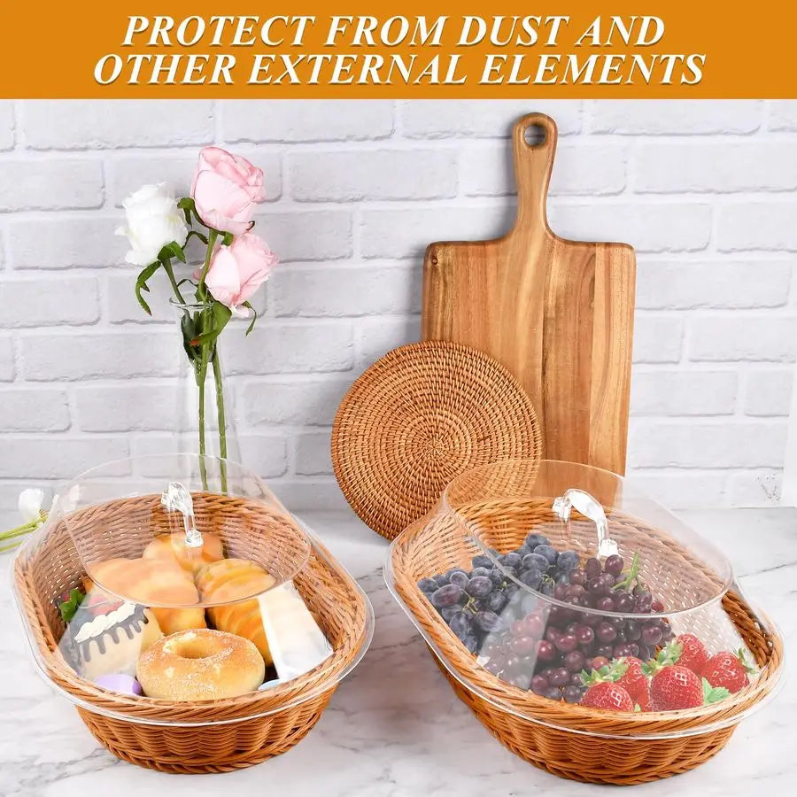 2 Pack Wicker Bread Basket with Acrylic Lid, Imitation Rattan Bread Basket, Oval Woven Fruit Basket with Cover for Food or Vegetables