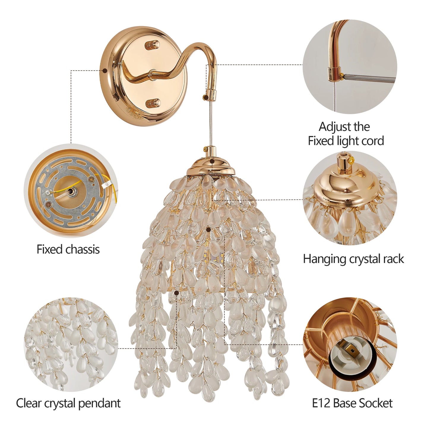 Two-piece wall lamp set with gold-framed grape-shaped crystal bead string