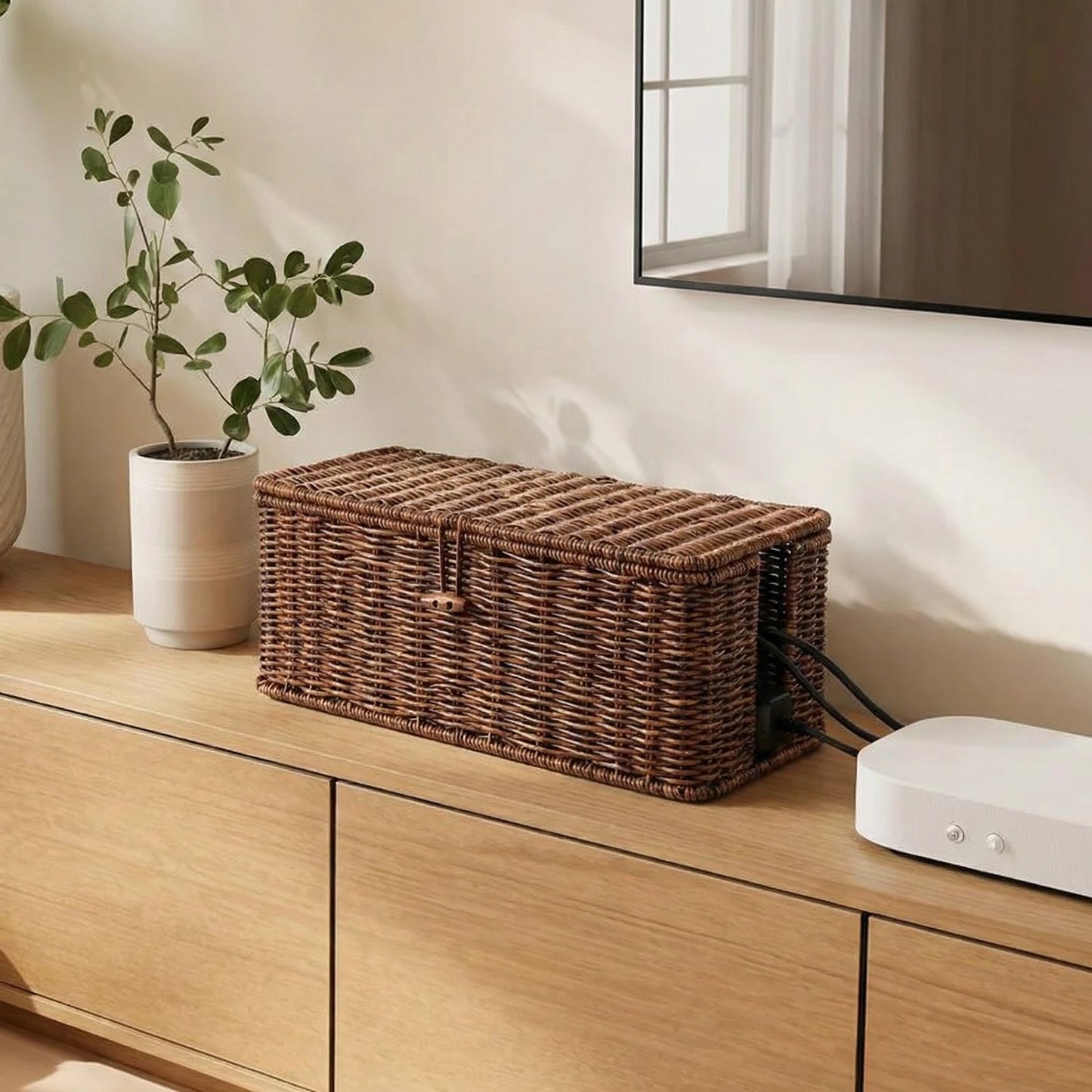 Handwoven Wicker Cable Organizer Basket with Lid Button Lock