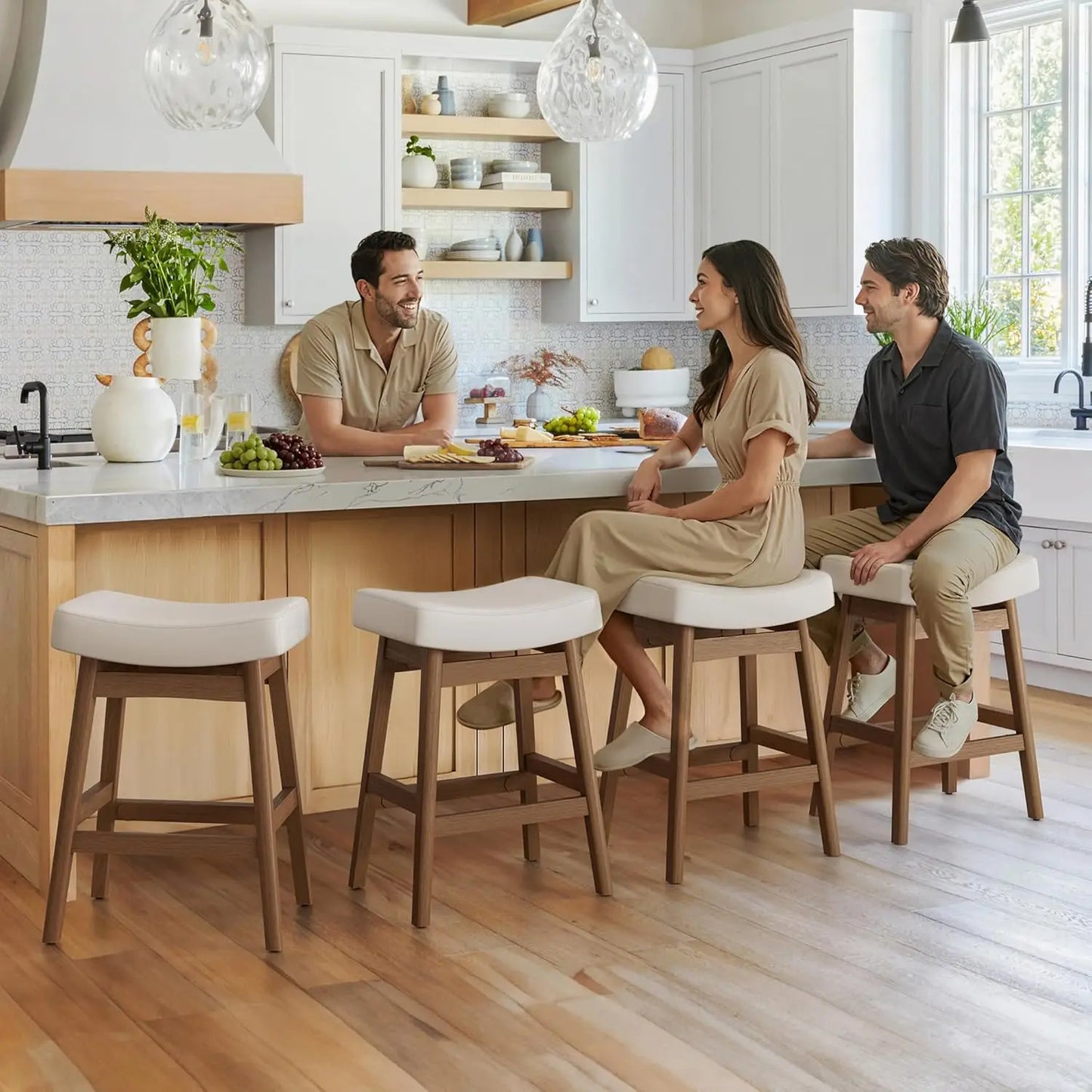 Set of 3 Barstools with Sturdy Wood Legs, Saddle Seat