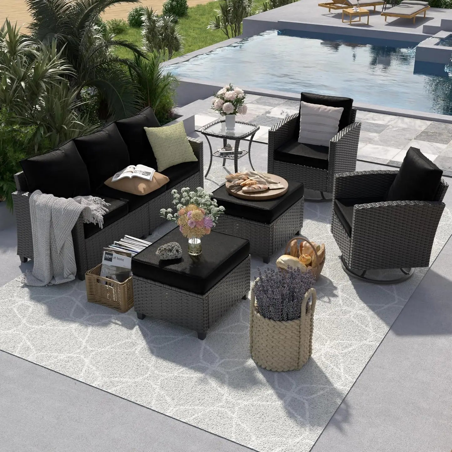 6‑Piece Gray PE Rattan Sectional Sofa Set – Swivel Chair, Side Table & 4" Cushions for Patio/Garden