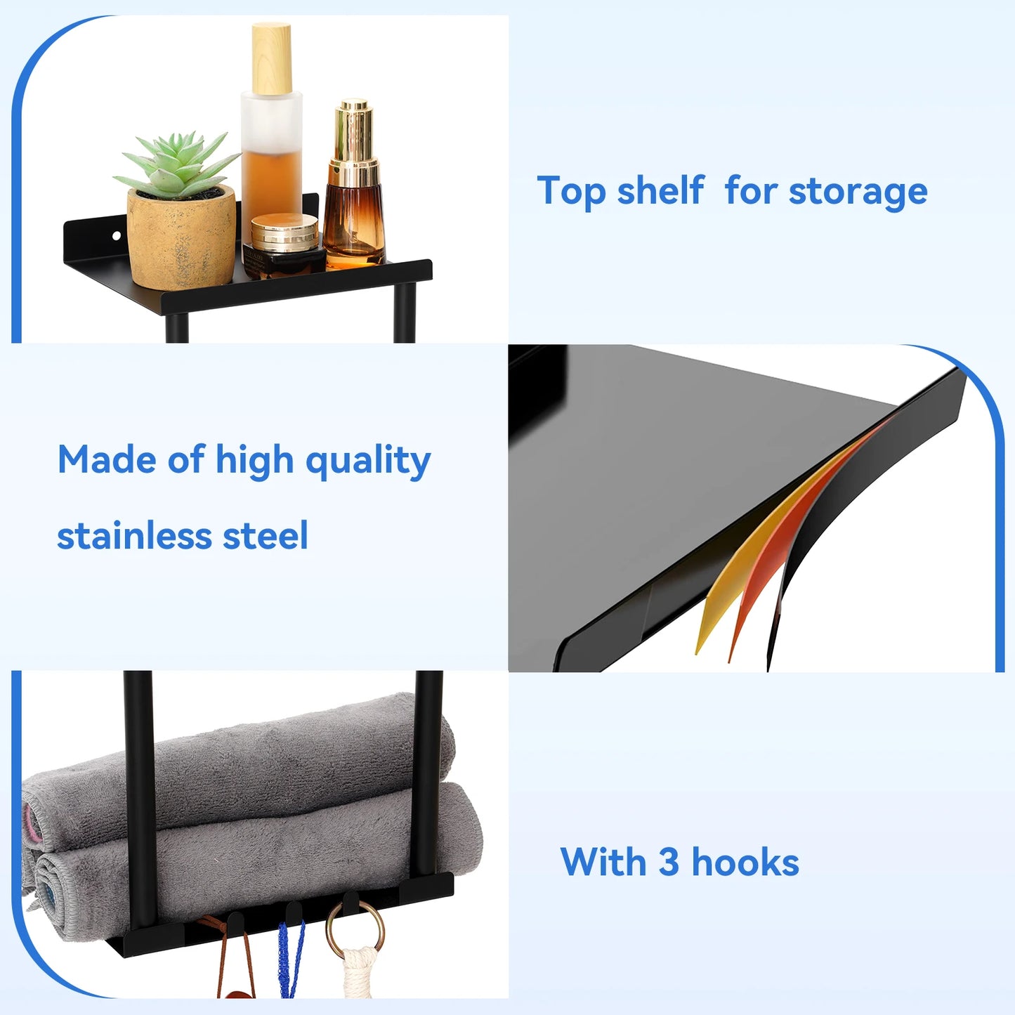 3‑Tier Wall‑Mounted Towel Holder – Bathroom Shelf with 6 Hooks for Towels & Accessories