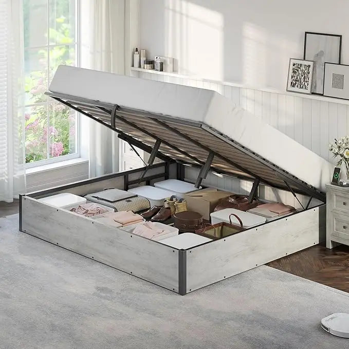 Queen Bed Frame with Lift up Storage, Wooden Platform
