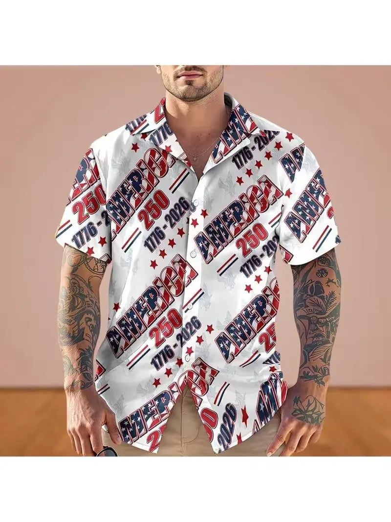 Men's 250th Anniversary US  American Flag Print Short Sleeve Button Down Shirt