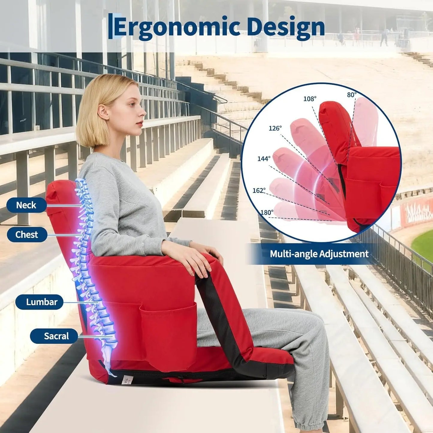 2 Pcs Portable Reclining Stadium Seat Chair with Padded Backrest & Adjustable Armrests