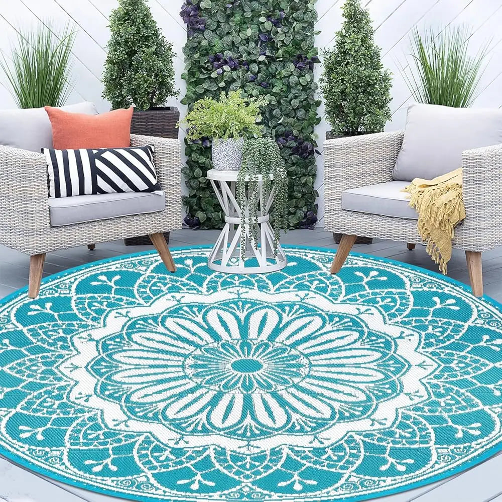 8ft Round Outdoor Patio Rug, Reversible,Lightweight