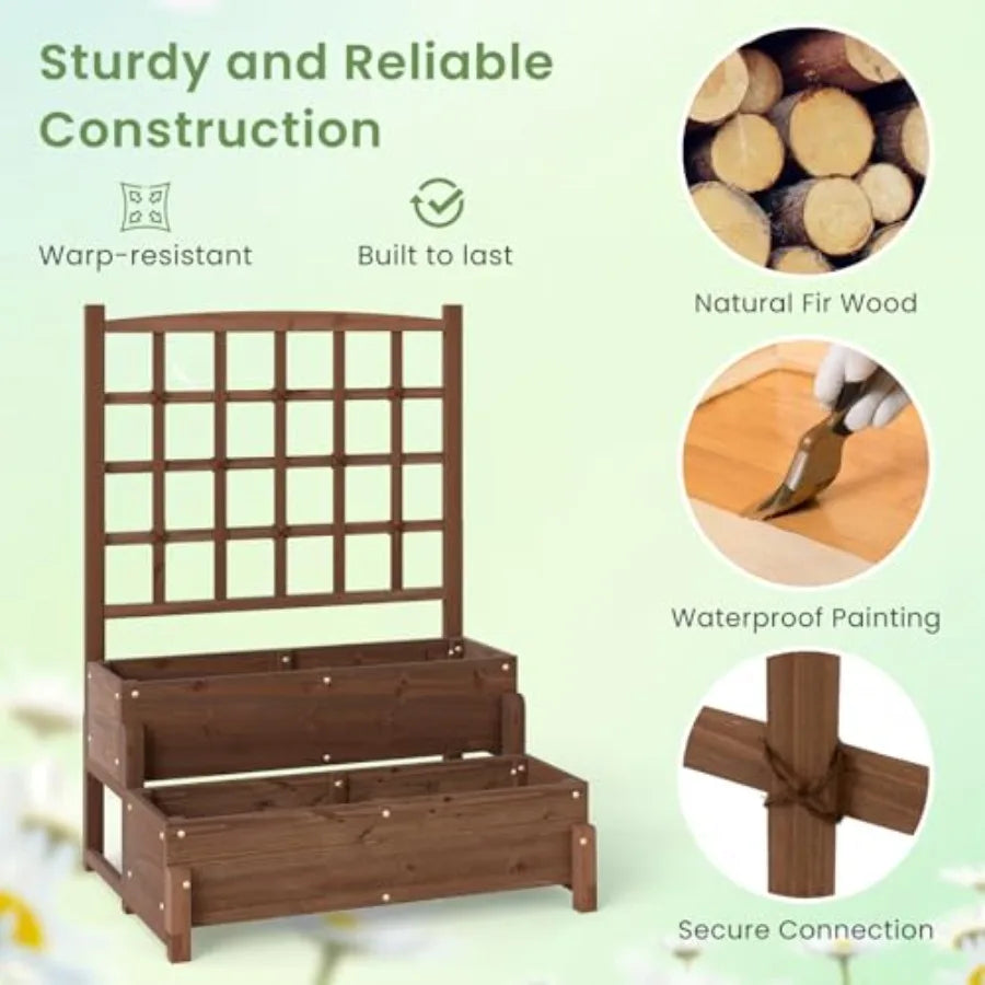 2‑Tier Wooden Elevated Garden Bed with Trellis – Raised Planter Boxes with Built‑In Drainage Holes