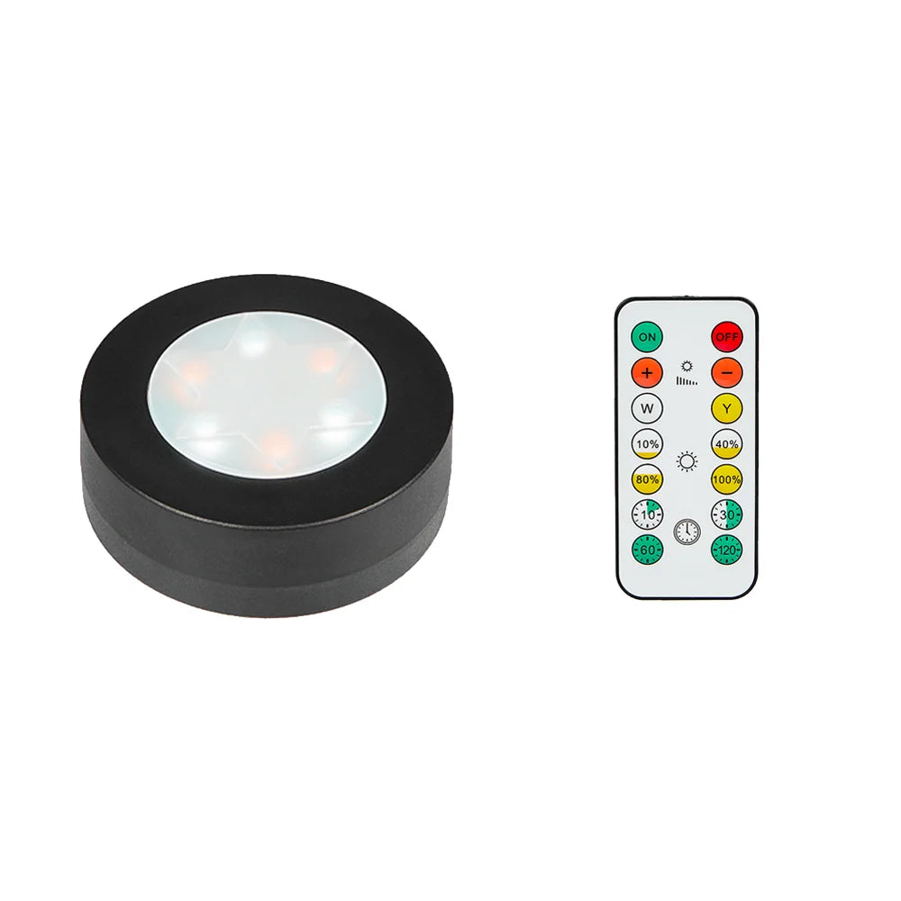 6-Pcs Black Round LED Under Cabinet Closet Light, Dimmable, Remote Control