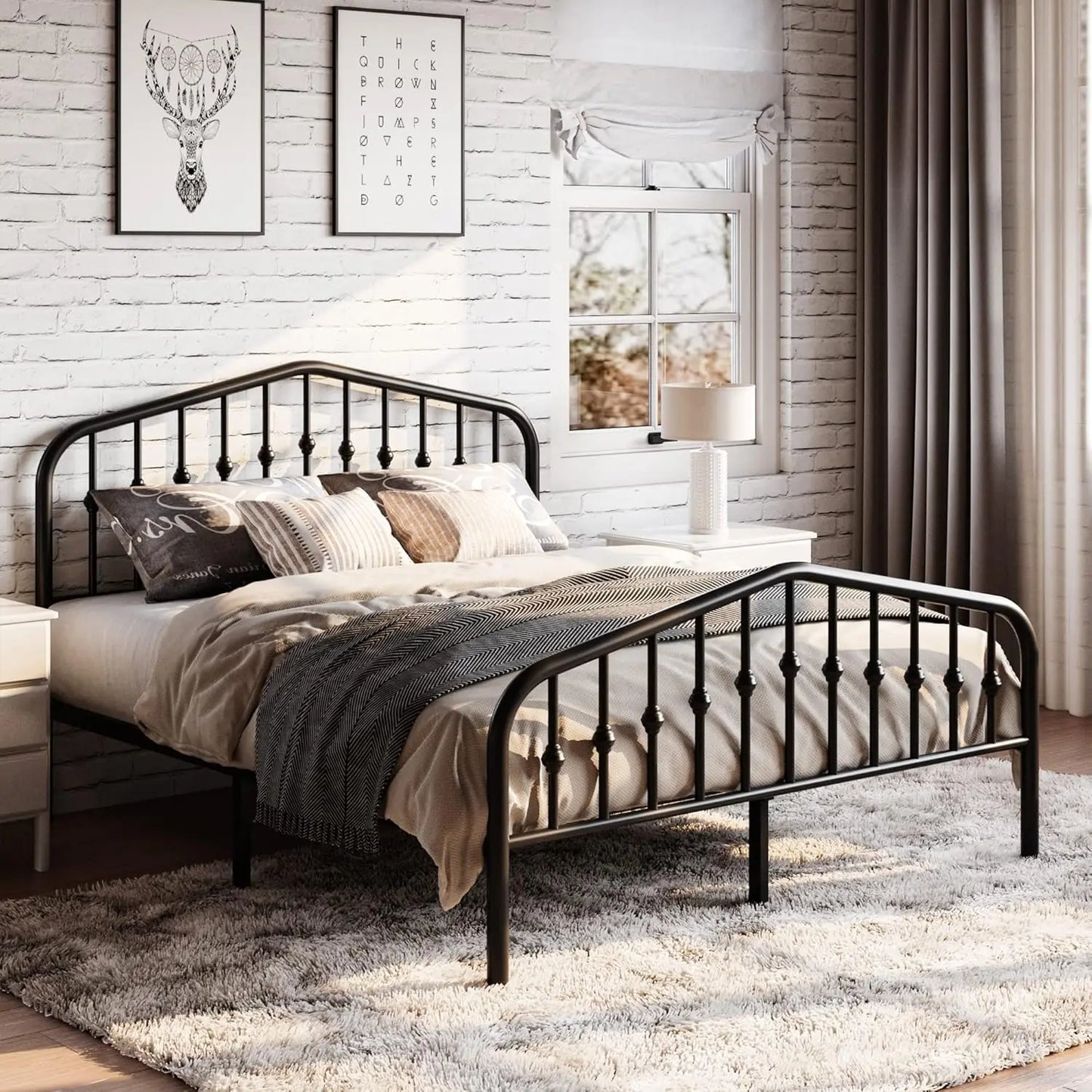 Queen Size Metal Bed Frame with Victorian Iron Headboard, Black