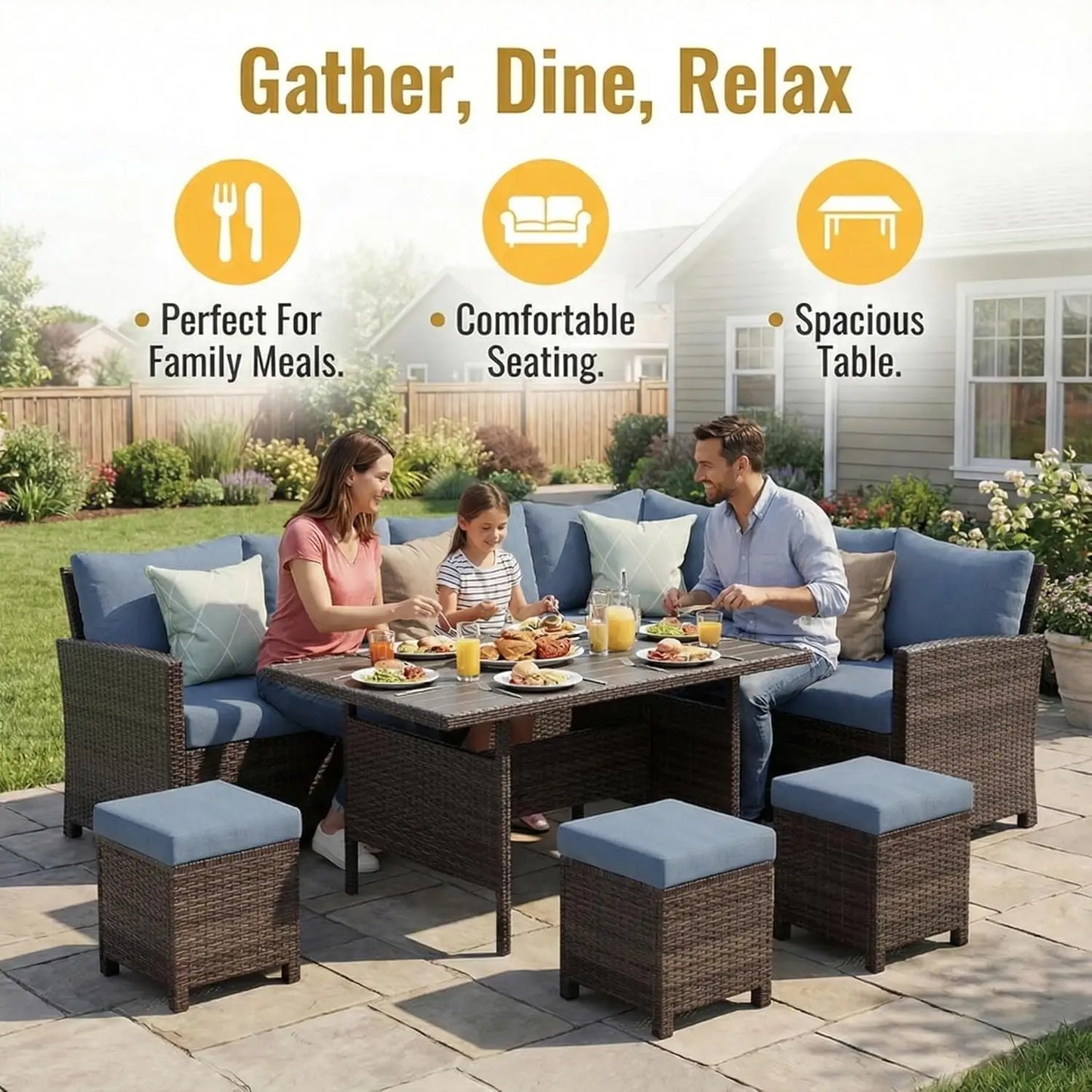 7 Piece Patio Furniture Set, High Curved Back, Wicker, All Weather Outdoor