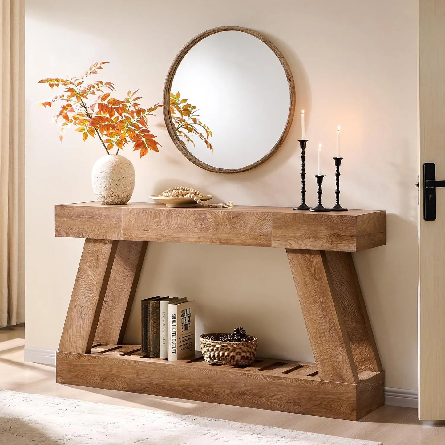 60" Farmhouse Entryway Table with Drawer, Console Table Behind Sofa