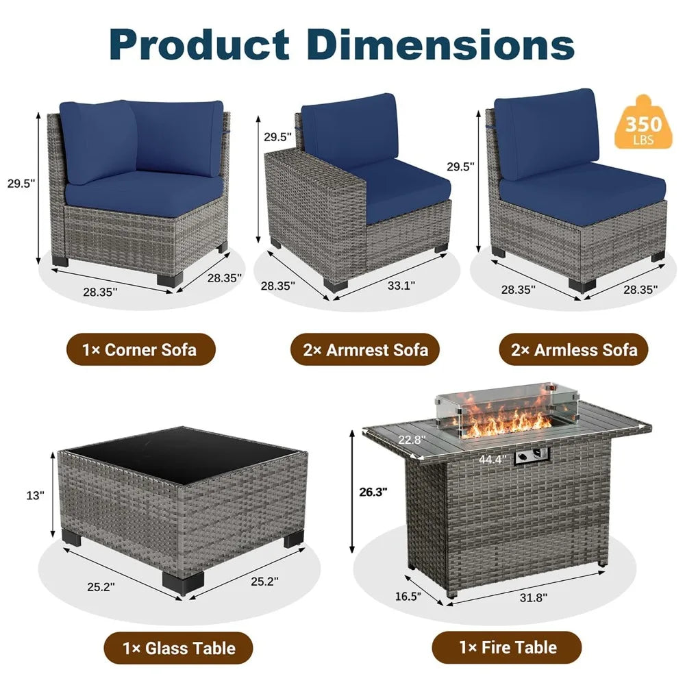 7 Piece Patio Furniture Set With Fire Pit Table, Outdoor , Wicker Rattan