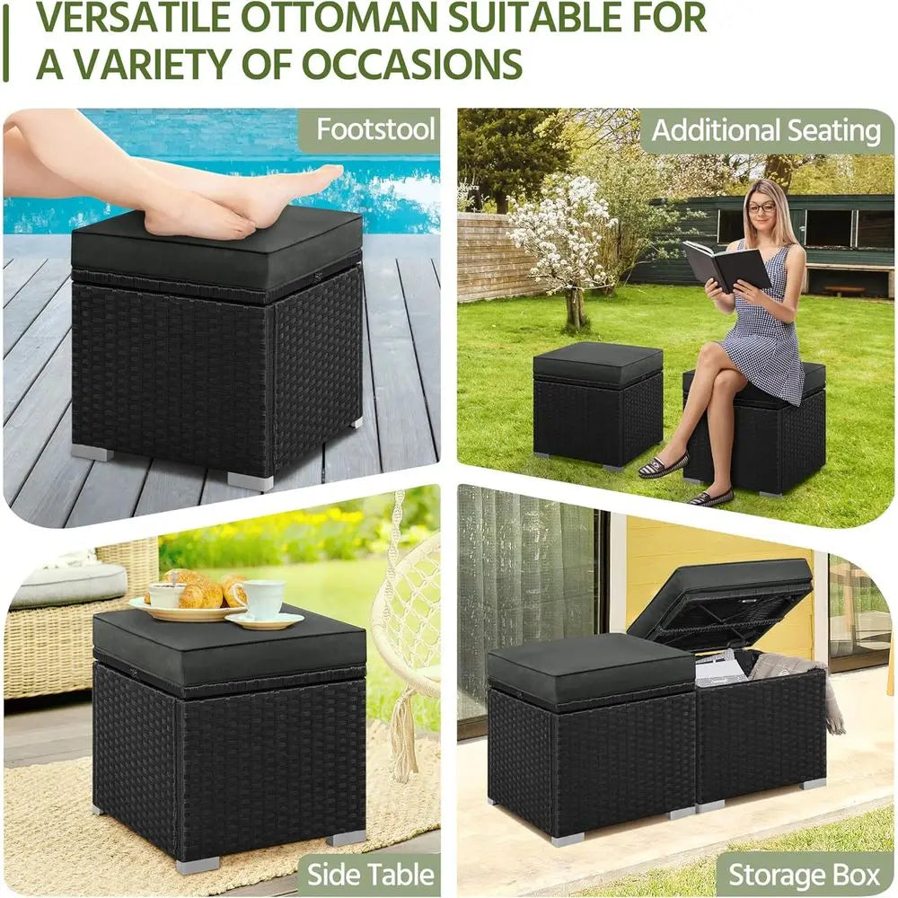 Wicker Ottomans, Set of 2 Patio Rattan Side Tables with Hidden Storage & Removable Cushion