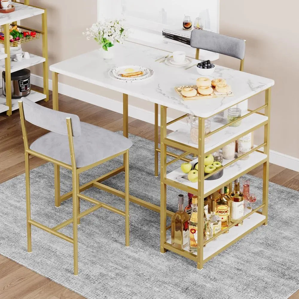 Space-Saving Bar Table Set with Storage, Comfortable Padded Stools, Durable Steel & Wood Construction