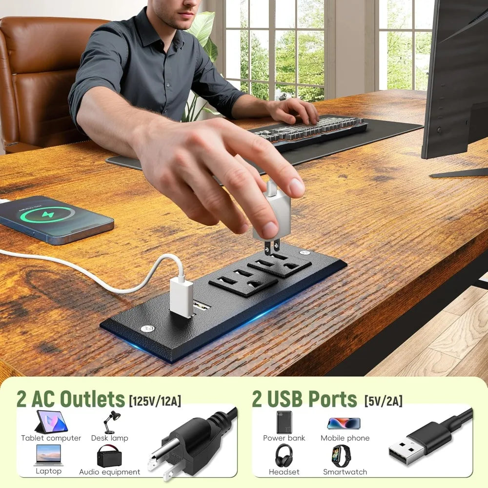 47" Office Desk with Power Outlet & Ergonomic Monitor with CPU Stand & LED Lights