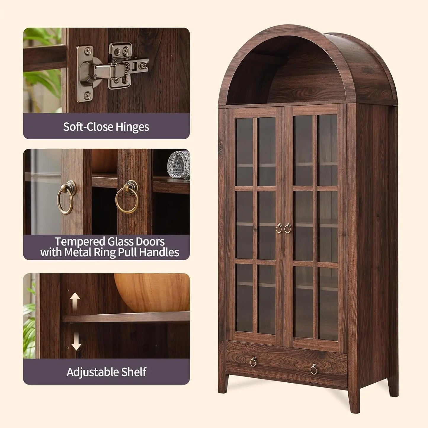 Elegant 71-Inch Arched Display Cabinet – Natural Wood Finish