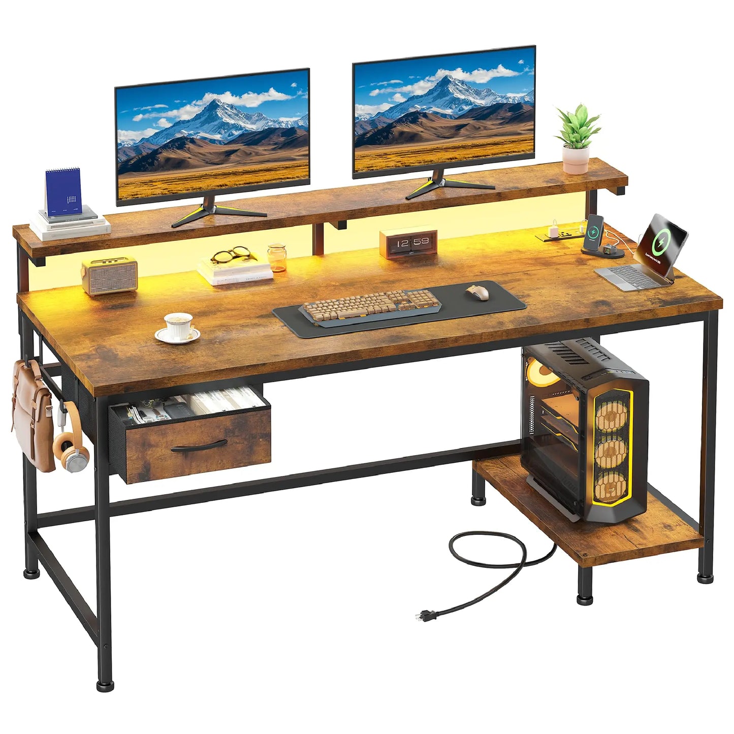 47" Office Desk with Power Outlet & Ergonomic Monitor with CPU Stand & LED Lights