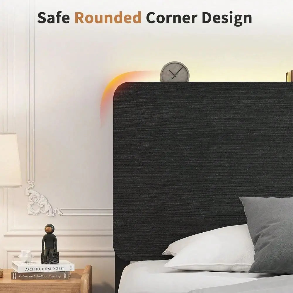 Full and Queen Bed Frame With LED Lights, Metal Bed Frame With Wooden Headboard Storage Shelf, Under Bed Storage, No Box Spring Req