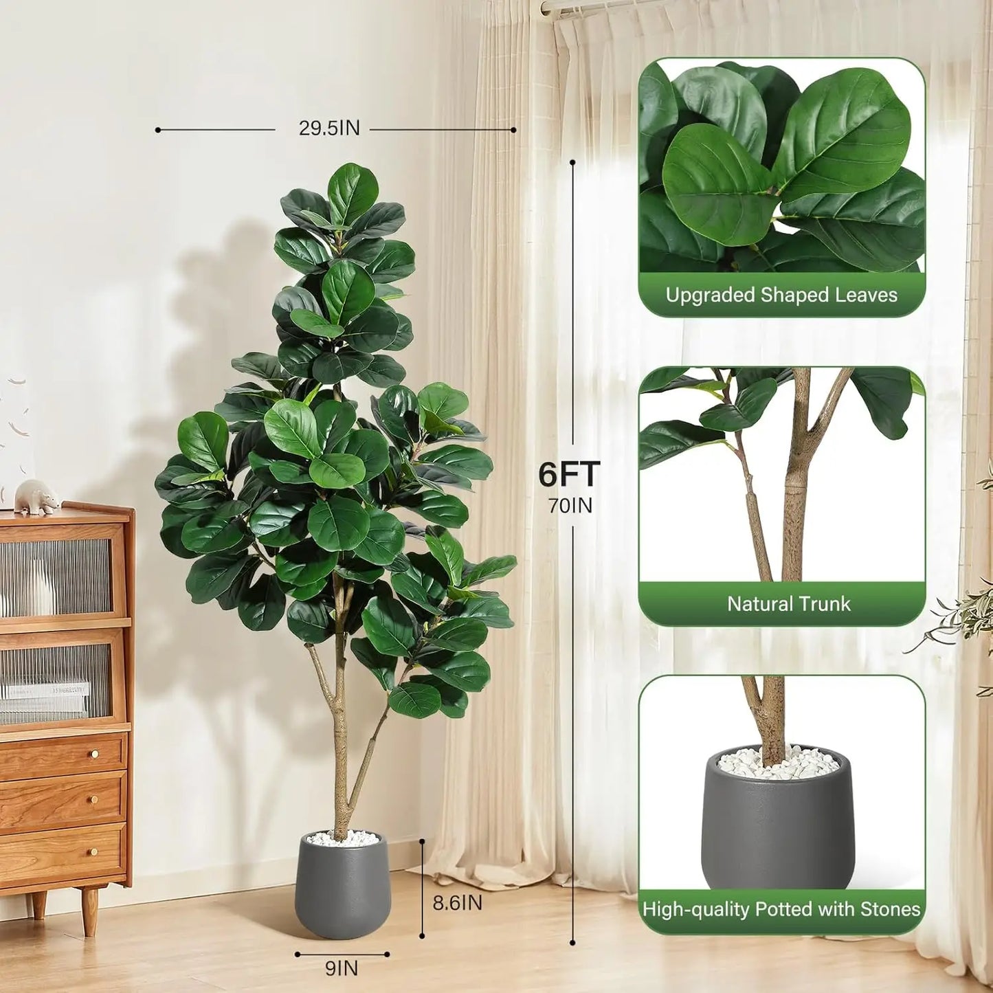 4–7FT Artificial Fiddle Leaf Fig Tree – Realistic Faux Ficus Lyrata with Lush Leaves in White Planter Pot